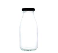 250ml Glass Milk Bottle & Lid for Raw Milk Juice Small Milkshake Wedding Favours (43mm Neck) (Black Lid, Pack of 24)