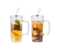 250ML Ribbed Glass Cups with Lids and Straws Set of 2 Handle Drinking Glasses Ideal for Ice Coffee Smoothies Juices Cocktails Parties Durable Reusable Drinkware Perfect for Home and Outdoor Use