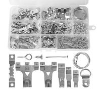 250PCS Picture Hooks for Hard Walls Picture Hanging Kit Heavy Duty Picture Frame Hangers Set with Picture Hanging Wire, Nails, Sawtooth Hangers, D Ring, Screw Eyes, Silver