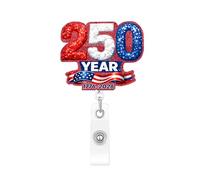 250th Anniversary America Badge Reel 1776-2026 Year Acrylic Clips Glitter Red Blue White Retractable Badge Holder America Flag Designs ID Name Card Alligator Clip for Worker Teacher
