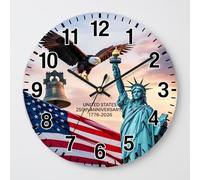 250th Anniversary American Flag Eagle Wall Clock - Wooden USA Patriotic Decor, Silent Non-Ticking, Battery Operated Round Clock for Home, Office, Farmhouse (14 in)