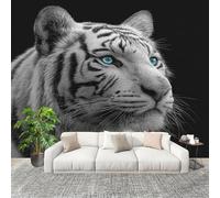 250x175 cm Murals Wall Covering Animal White Tiger Portrait Photo Wallpaper for Office Hotel Café Restaurant Living Room Black and White DIY Room Waterproof Decor Wallpaper Removable Peel and Stick