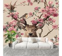 250x175 cm Murals Wall Covering Deer Head Floral Pattern Photo Wallpaper for Office Hotel Café Restaurant Living Room Pink DIY Room Waterproof Decor Wallpaper Removable Peel and Stick