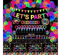 255 Pack Glow Neon Party Supplies Glow Sticks Party Decorations Black Light Reactive Decor Set - Fluorescent Banner, Glow in The Dark Balloons, Neon Tablecloths, Cake Toppers, Light Up Sticks, Glasses