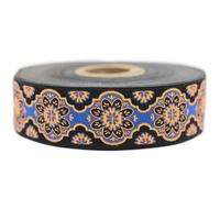 25707-V6 Jacquard Woven Ribbon Bright Orange and Royal Blue Sun Flower 10 m x 25 mm - Rolls of Embroidered Ribbon for Sewing Decoration