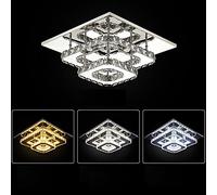 25cm 2-Tier Square Crystal Chandelier, 25W LED Flush Ceiling Light | 3 Colour Modes, K9 Crystal & Stainless Steel Ceiling Lamp for Bedroom, Living Room, Dining Room, Hallway & Landing