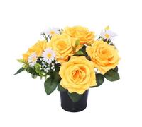 25cm Artificial Yellow & White Rose and Daisy Grave Flower Pot - Vase Insert Memorial