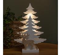 25cm Battery Operated White Wooden Reindeer & Christmas Tree Decoration with Warm White LEDs