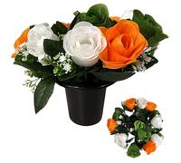 25cm Grave Flower Pots with Improved Design | Artificial Flowers for Graves in Pots | 12 Head Orange/White/Green Color Cemetery Decorative Artificial Flowers for Christmas & Grave decoration.