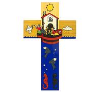 25cm Hand Painted Noah's Ark Cross, Religious Wall Decor with Colourful Biblical Scene