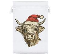 25cm 'Highland Cow Wearing Santa Hat' Satin Drawstring Bag/Pouch (SB00123672)