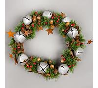 25cm Natural Looking Artificial Leaves, Silver Bells, Pine Cones And Berries Wreath Front Door Hanging Christmas Decorations Xmas Wedding Decorative Garland