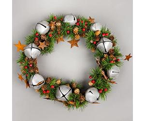 25cm Natural Looking Artificial Leaves, Silver Bells, Pine Cones And Berries Wreath Front Door Hanging Christmas Decorations Xmas Wedding Decorative Garland