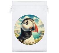 25cm 'Puffin Bird Portrait' Satin Drawstring Bag/Pouch (SB00123556)