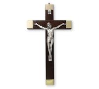 25cm Walnut Wood Wall Hanging Crucifix Cross Silver Jesus 10599