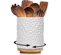 25DOL Engraved Nature-Design 360° Rotating Utensil Holder for Kitchen Counter - Multifunctional Spatula Holder with Bamboo Rotating Base - White Ceramic Utensil Crock Canister for Cooking Utensils
