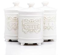 Large 35 Ounce Elegant Ceramic Kitchen Canisters Set of 3 - Beautifully Engraved Coffee Tea Sugar Storage Containers Airtight with Feet for Added Style and Stability - Ceramic Jar with Airtight Lid