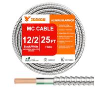 25ft 12/2 Metal Clad (MC) Cable with Ground, 12 Gauge Electric Wire with Aluminum Armor, Solid Bare Copper Conductors for Indoor Outdoor Underground Embedded Installation (12/2, 25ft)