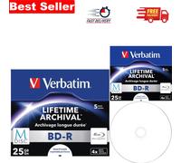 25GB M-Disc BD-R 5 Pack Jewel Case - High-Speed 4x Inkjet Printable Discs