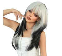 25inch Women White Gradient Straight Long Wigs with Bangs, Synthetic Hair Natural Looking Halloween Cosplay Daily Wig Fluffy and Natural