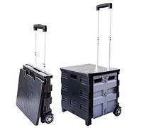 25kg Folding Shopping Trolley Storage Boot Cart Box | Collapsible Trolley with Lid | Portable Cart with Telescopic Handle | Multipurpose Utility Cart for Laundry, Sports, Crafts (Black and Grey)