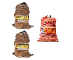 25L Nets of Softwood, 27L Nets Hardwood Logs & 4kg Kindling Nets Firewood - Warma Kiln Dried Wood - For Outdoor Open Fire Pits Wood Burners Coal Stoves Log Burners - 2 x Hardwood & 1 x Kindling Nets