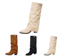 25lyp88_01_Beige Fold over slouchy Knee high boots women Faux Suede Leather 6.5cm Chunky Block High Heel Round Toe Pull on Riding Biker Boots Western Style Long Shoes Dress Tall Boot Footwear UK 4.5