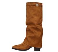 25lyp88_01_Brown Fold over slouchy Knee high boots women Faux Suede Leather 6.5cm Chunky Block High Heel Round Toe Pull on Riding Biker Boots Western Style Long Shoes Dress Tall Boot Footwear UK 6