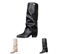 25lyp88_02_Black Fold over slouchy Knee high boots women Faux Suede Leather 6.5cm Chunky Block High Heel Round Toe Pull on Riding Biker Boots Western Style Long Shoes Dress Tall Boot Footwear UK 5.5