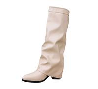25lyp88_02_White Fold over slouchy Knee high boots women Faux Suede Leather 6.5cm Chunky Block High Heel Round Toe Pull on Riding Biker Boots Western Style Long Shoes Dress Tall Boot Footwear UK 4