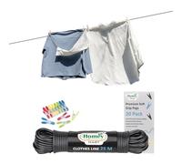 25m Washing Line Rope Strong Steel Core 3.5mm thickness Indoor-Outdoor Weather Resistant PVC Laundry Clothes line - Grey & Set of 20 Premium Soft Grip Clothes Pegs - Assorted Bright Colours