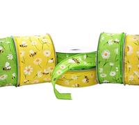 25mm, 38mm, 63mm Wide Woven Wired Edge Spring Summer Bumble Bee & Flowery Ribbon in Yellow or Green (Green, 1 Metre x 25mm)