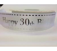 25mm Bertie's Bows Happy Birthday Satin Ribbon White & Silver 30th Birthday - per metre
