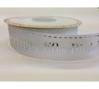25mm Bertie's Bows Happy Birthday Satin Ribbon White & Silver 60th Birthday - per metre