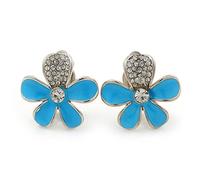 25mm D/Light Blue Enamel Clear Crystal Daisy Clip On Earrings In Silver Tone