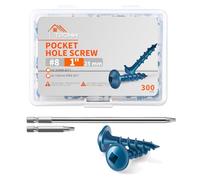 25mm Length Blue Coated, Hardened Steel Pocket Hole Screws, No.8 X 25 mm Square Drive Washer Head Wood Screw, 50mm & 150mm Bit Included, Coarse Self-Cutting Threaded, Pack of 300 for DIY Projects