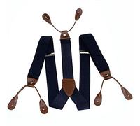 25mm Y-Back Elasticated Suspenders for Men & Women - Navy with Brown Adjustable Braces with Leather Button Loops & Strong Non-Slip Clips for Trousers Support for Formal, Casual Outfits