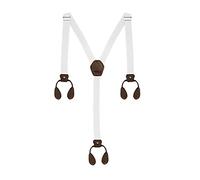 25mm Y-Back Elasticated Suspenders for Men & Women - White with Brown Adjustable Braces with Leather Button Loops & Strong Non-Slip Clips for Trousers Support for Formal, Casual Outfits