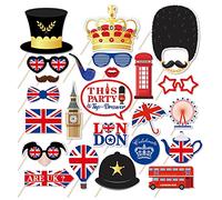 25P Union Jack Photo Booth Props,Party Photo Booth Props VJ Day 80th Anniversary Decorations with London Bus & Military Crown,UK Flag Photo Props for Great British Union Jack Street Party Supplies
