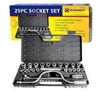 25Pc 1/2" Drive Metric Socket Extension Bar Set - Garage Car Work Tool Kit in Case | Extension Bars, Flexible Extension Rods, Sockets, Bits, Quick Release Reversible Ratchet