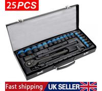 25Pc Heavy Duty 1/2" Drive Metric Socket Set 8-32mm With Ratchet Wrench & Steel Case - Uk Diy