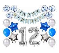 25Pcs 12 Birthday Decorations, 12th Birthday Decorations Boy, Blue & Silver 12 Foil Balloons Set with Number 12 Balloon, Stars Balloon, Happy Birthday Banner