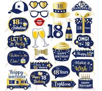 25Pcs 18th Birthday Photo Booth Props, Blue & Gold Party Supplies for Boys Men, Cheers to 18 Years Old Photo Booth Props