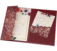 25pcs 5"x7.28" Burgundy Vintage Tri Fold Wedding Invitations Cards pocket Pearl Paper Laser Cut Hollow Carving Greeting invites Covers only no envelope no insert