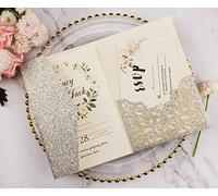 25pcs 5"x7.28" Silver Glitter Vine Tri Fold Pocketfold Wedding Invitations Cards pocket Pearl Paper Laser Cut Hollow Carving Greeting invites Covers only no envelope no insert (silver glitter cover)