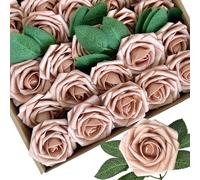 25pcs Artificial Flowers Terracotta Foam Fake Rose with Stems 8 Leaves Real Looking Light Brown Faux Roses for Wedding Bouquets Bridal Shower Centerpieces Arrangements Party Tables Decorations DIY