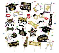 25PCS Black and Gold Photo Booth Props,DIY Graduation Party Decorations for Class of 2025,Fun Birthday Wedding Prop Accessories Mix of Hats, Lipstick,Tie,Wine glass