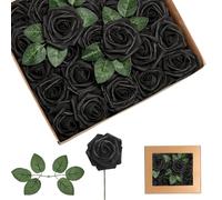 25Pcs Black Artificial Roses, Real Touch Foam Roses with Stems, 4 Leaves, Artificial Flowers for Wedding, Bridal Bouquets, Cake, Grave Stone, Table Centerpieces, Baby Shower, Funeral Decoration