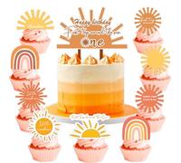 25PCS Boho First Trip Around The Sun 1st One Happy Birthday Party Themed Cake Topper Cupcake Toppers Decorations Supplies Favors Decor Cute Rainbow for Kids Boys Girls Teen Baby Shower Prizes Carnival