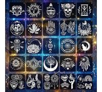 25Pcs Boho Mystic Moon Sun Stencils for Painting - 5.9Inch Witchy Celestial Crystal Butterfly Skull Tree of Life Reusable Plastic Templates for Wood, Rock, Canvas, Journal, DIY Art Crafts Decor